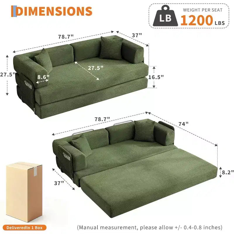 Canapé-lit convertible, Canapé-lit pliant 5-en-1 avec cadre fixe et accoudoirs amovibles, Canapé futon modulaire en velours côtelé pour petit espace