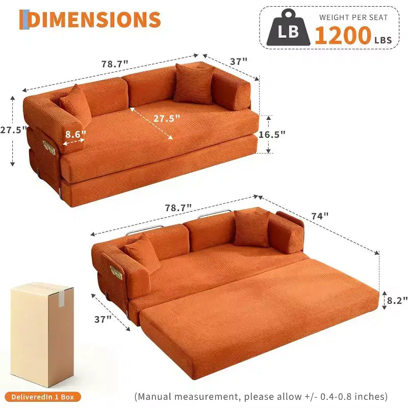 Canapé-lit convertible, Canapé-lit pliant 5-en-1 avec cadre fixe et accoudoirs amovibles, Canapé futon modulaire en velours côtelé pour petit espace