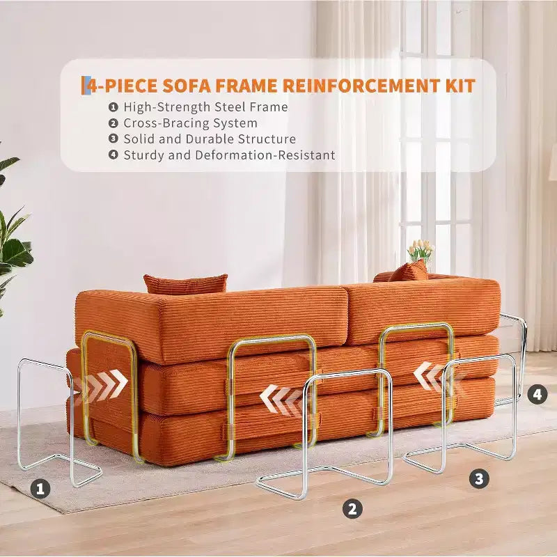 Canapé-lit convertible, Canapé-lit pliant 5-en-1 avec cadre fixe et accoudoirs amovibles, Canapé futon modulaire en velours côtelé pour petit espace