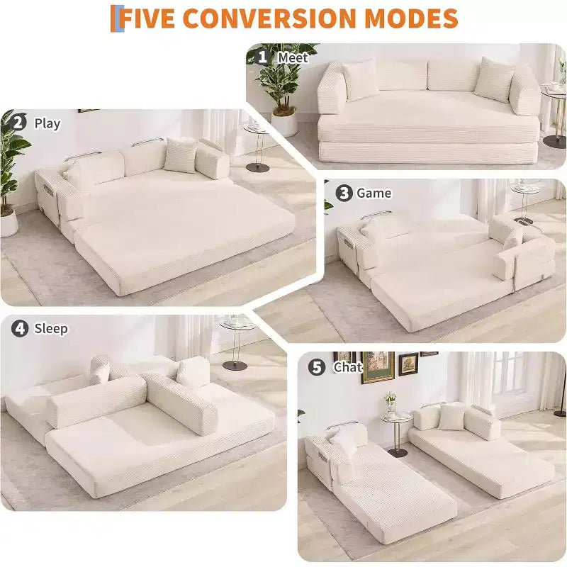 Canapé-lit convertible, Canapé-lit pliant 5-en-1 avec cadre fixe et accoudoirs amovibles, Canapé futon modulaire en velours côtelé pour petit espace