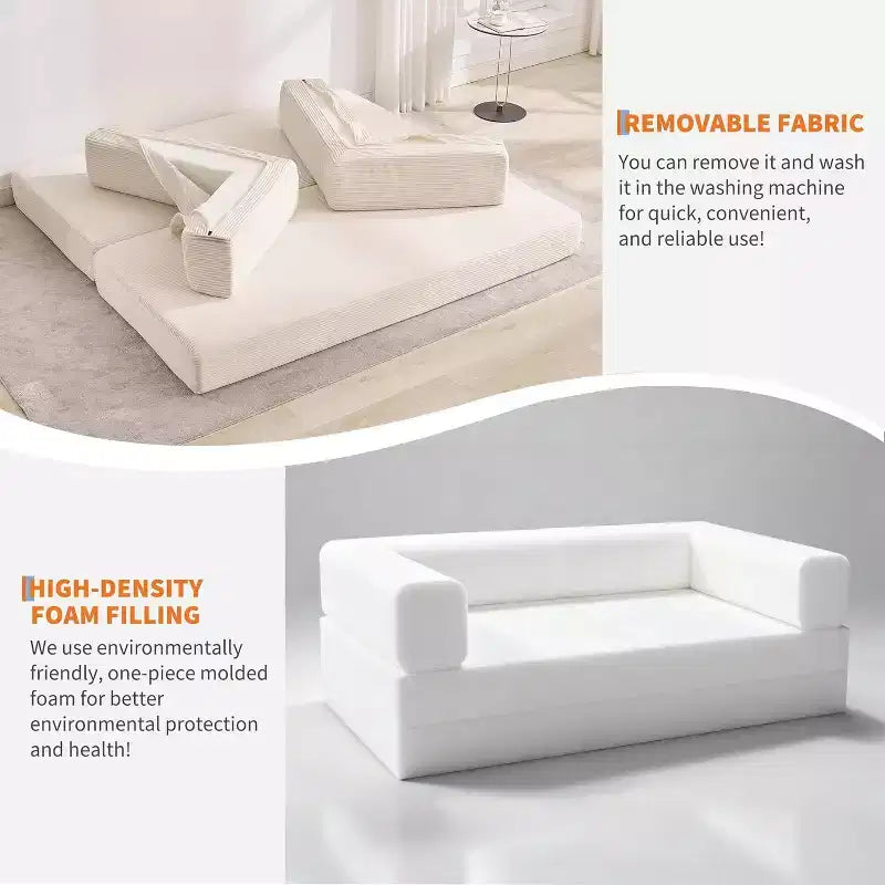 Canapé-lit convertible, Canapé-lit pliant 5-en-1 avec cadre fixe et accoudoirs amovibles, Canapé futon modulaire en velours côtelé pour petit espace