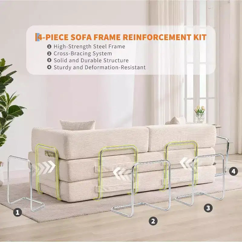 Canapé-lit convertible, Canapé-lit pliant 5-en-1 avec cadre fixe et accoudoirs amovibles, Canapé futon modulaire en velours côtelé pour petit espace