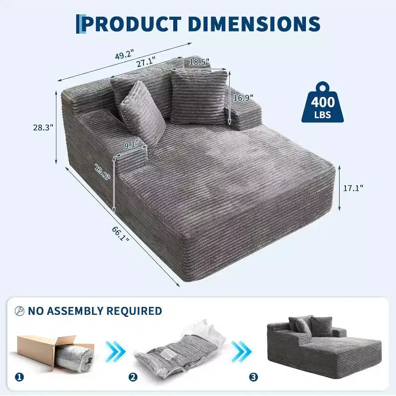 Fauteuil de canapé sans os 67x50x29 en forme de nuage, chaise longue surdimensionnée en velours côtelé avec assise profonde, canapé-lit, pour salon et chambre à coucher