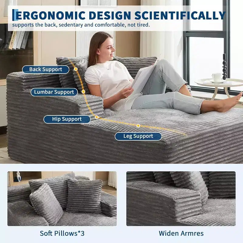 Fauteuil de canapé sans os 67x50x29 en forme de nuage, chaise longue surdimensionnée en velours côtelé avec assise profonde, canapé-lit, pour salon et chambre à coucher