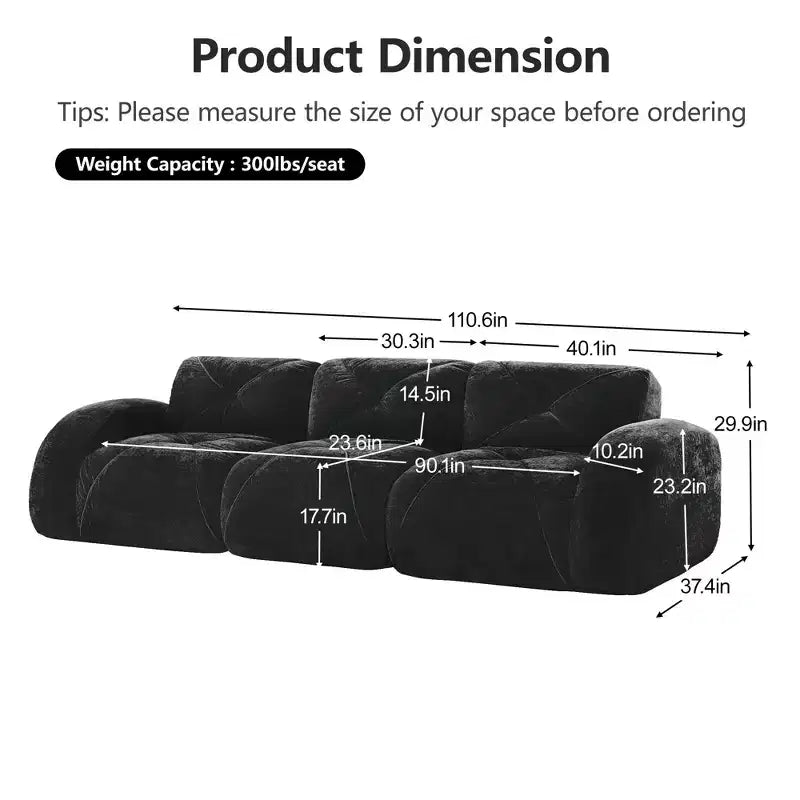 Canapé sans os Clihome 110 avec capitonnage, tissu velours doux, canapé modulaire, éponge haute densité 32D, conception antidérapante, base de conception ergonomique