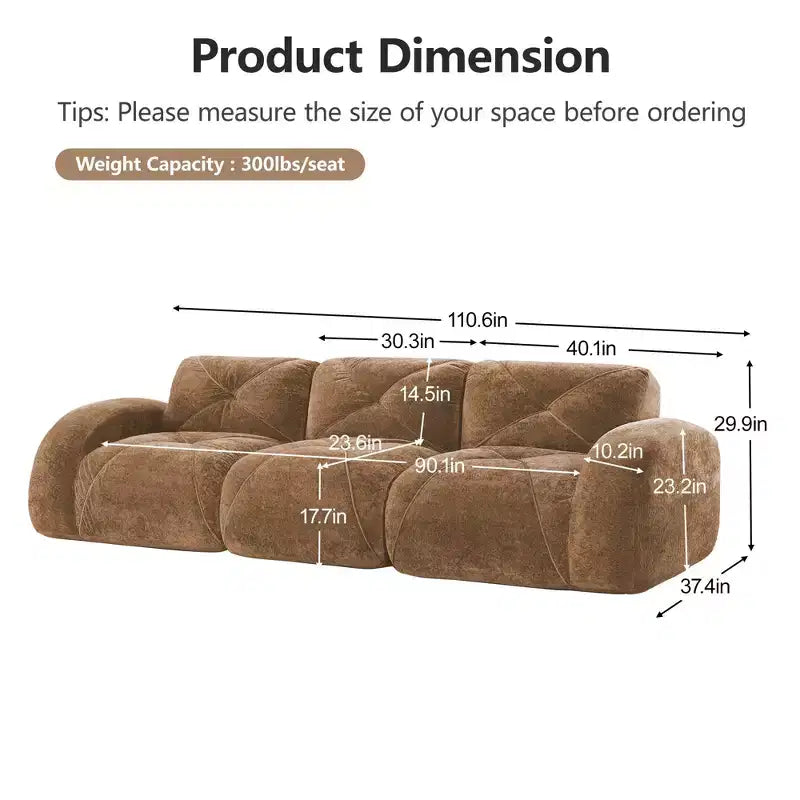 Canapé sans os Clihome 110 avec capitonnage, tissu velours doux, canapé modulaire, éponge haute densité 32D, conception antidérapante, base de conception ergonomique