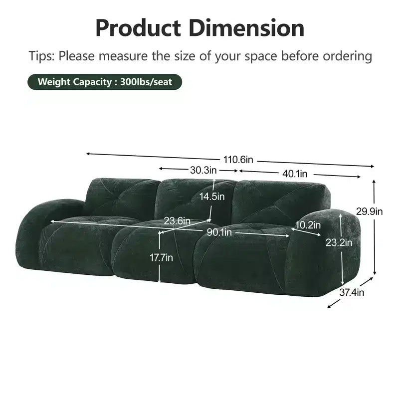 Canapé sans os Clihome 110 avec capitonnage, tissu velours doux, canapé modulaire, éponge haute densité 32D, conception antidérapante, base de conception ergonomique