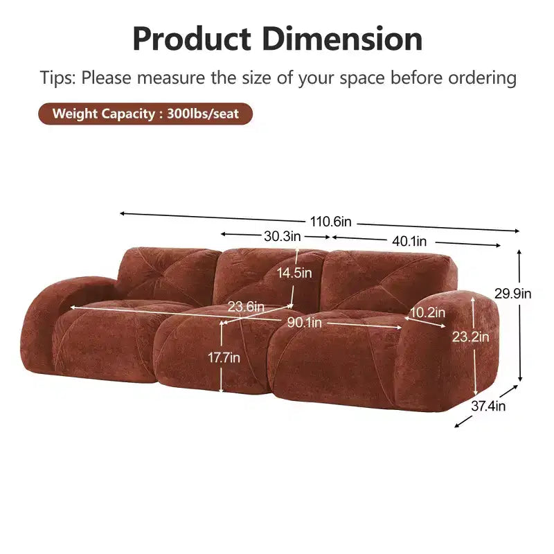 Canapé sans os Clihome 110 avec capitonnage, tissu velours doux, canapé modulaire, éponge haute densité 32D, conception antidérapante, base de conception ergonomique