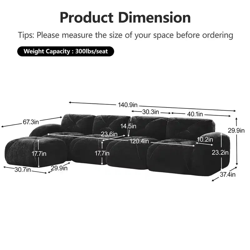 Clihome Tissu en velours doux en forme de L, Base éponge haute densité 32D, Base design ergonomique, Conception antidérapante, Combinaison libre, Ottomane mobile