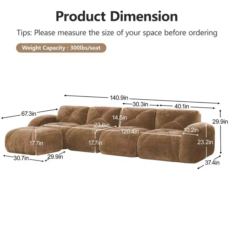 Clihome Tissu en velours doux en forme de L, Base éponge haute densité 32D, Base design ergonomique, Conception antidérapante, Combinaison libre, Ottomane mobile
