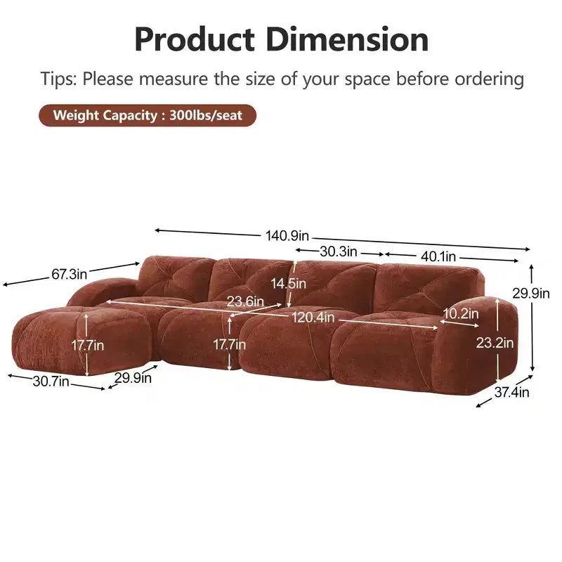 Clihome Tissu en velours doux en forme de L, Base éponge haute densité 32D, Base design ergonomique, Conception antidérapante, Combinaison libre, Ottomane mobile
