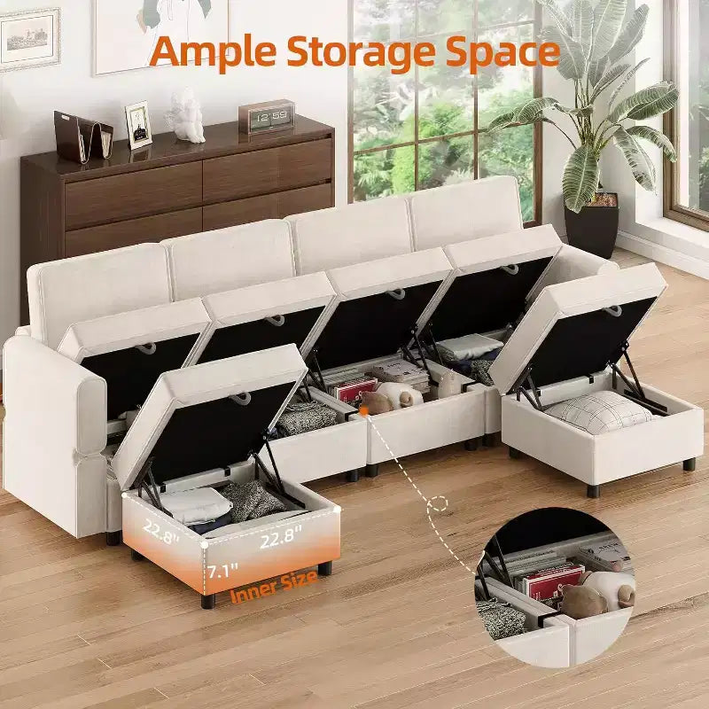 Acekool Canapé d'angle modulable 9 places en forme de L avec pouf de rangement et couchage convertible, pour salon, chambre à coucher, beige