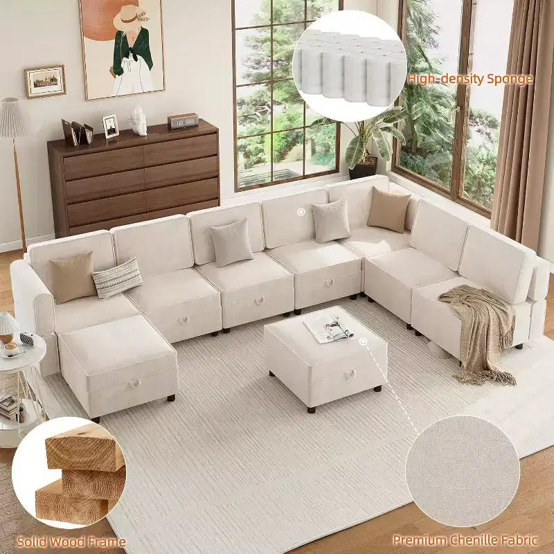 Acekool Canapé d'angle modulable 9 places en forme de L avec pouf de rangement et couchage convertible, pour salon, chambre à coucher, beige