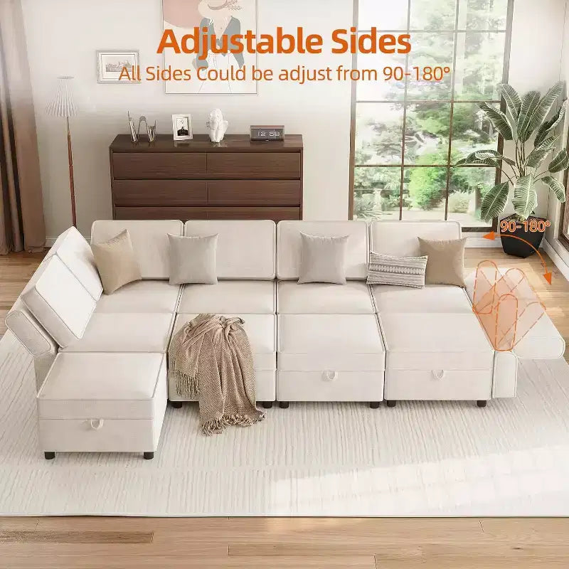 Acekool Canapé d'angle modulable 9 places en forme de L avec pouf de rangement et couchage convertible, pour salon, chambre à coucher, beige