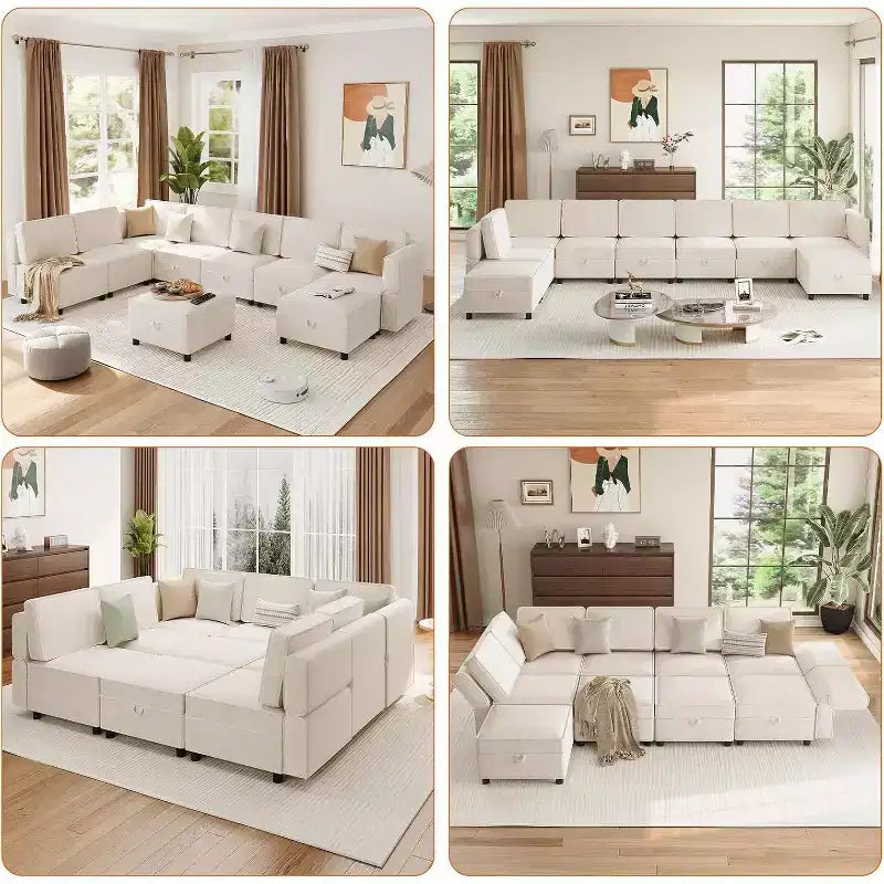 Acekool Canapé d'angle modulable 9 places en forme de L avec pouf de rangement et couchage convertible, pour salon, chambre à coucher, beige