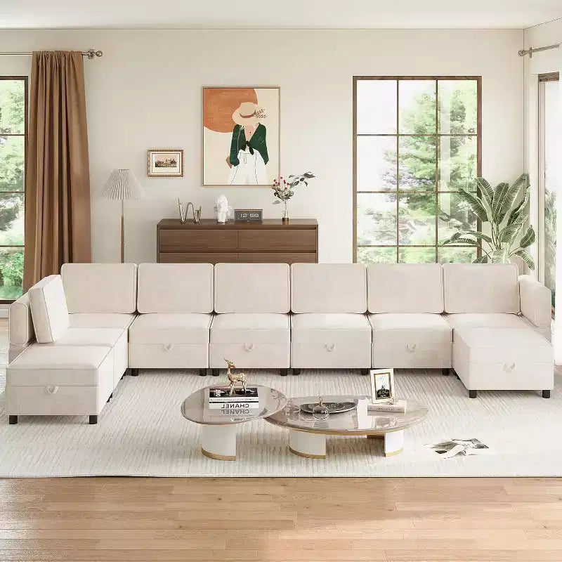 Acekool Canapé d'angle modulable 9 places en forme de L avec pouf de rangement et couchage convertible, pour salon, chambre à coucher, beige