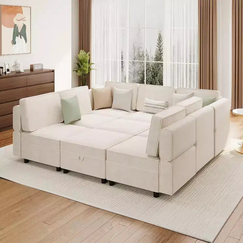 Acekool Canapé d'angle modulable 9 places en forme de L avec pouf de rangement et couchage convertible, pour salon, chambre à coucher, beige