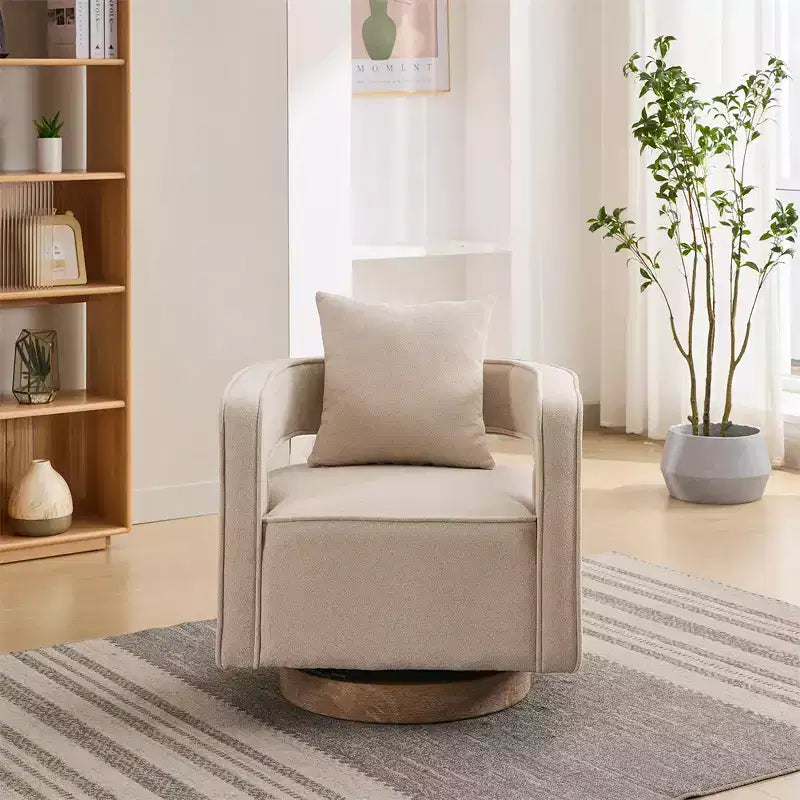 Canapés d'appoint en tissu moderne, fauteuil pivotant à 360 degrés avec base en bois et 1 coussin décoratif, pour salon, chambre à coucher, chambre d'enfant, bureau, hôtel