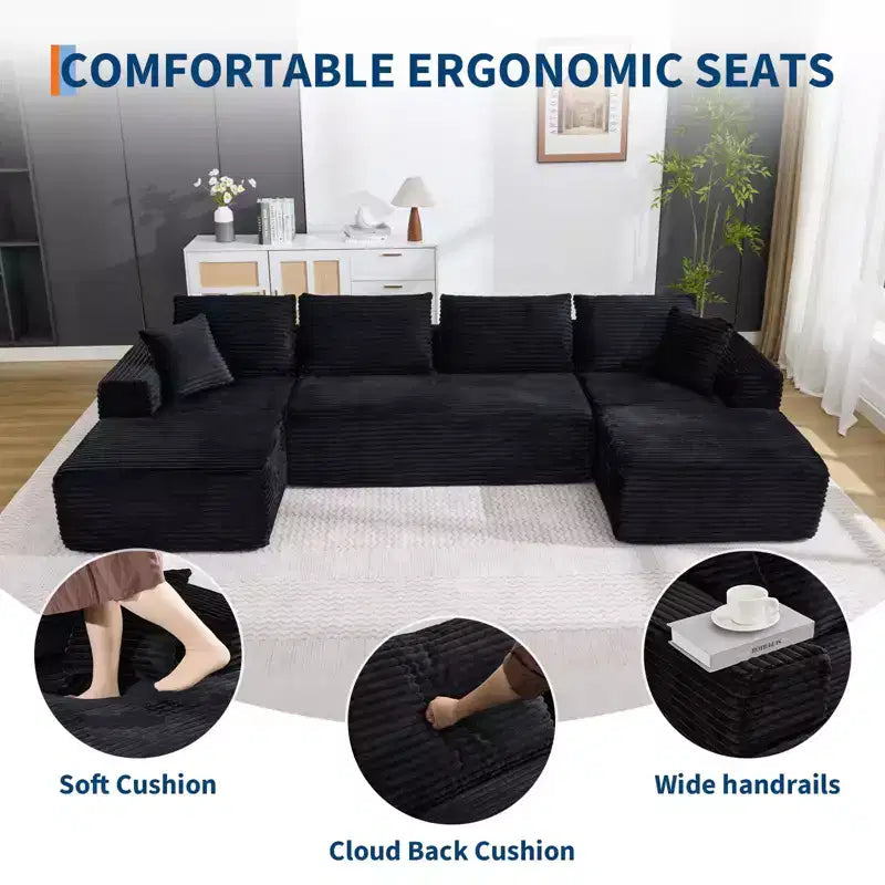 Canapé sectionnel moderne modulaire en forme de U Cloud de 130 pouces avec 2 méridiennes, canapé profond 4 places en velours côtelé avec oreillers pour le salon