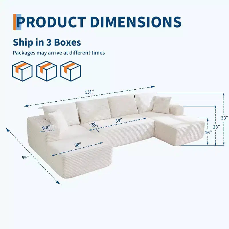 Canapé sectionnel moderne modulaire en forme de U Cloud de 130 pouces avec 2 méridiennes, canapé profond 4 places en velours côtelé avec oreillers pour le salon