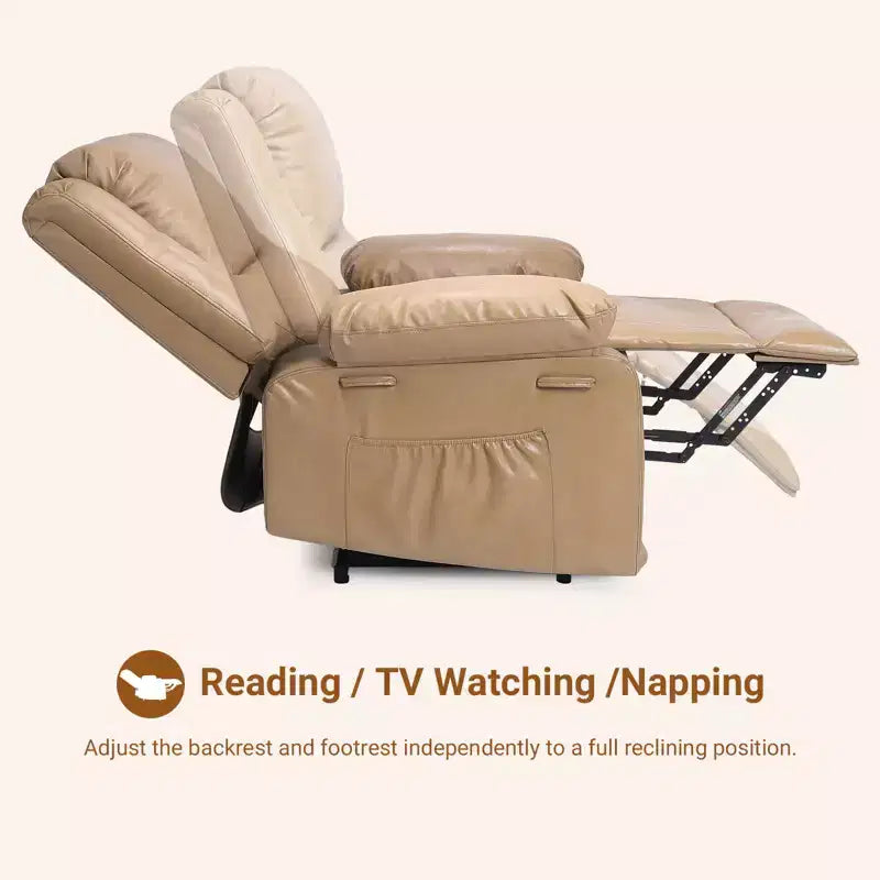 Fauteuil releveur inclinable électrique pour seniors, avec massage chauffant, télécommande, en cuir PU, poches latérales, beige