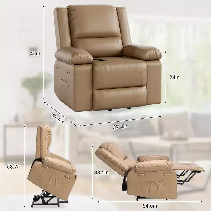 Fauteuil releveur inclinable électrique pour seniors, avec massage chauffant, télécommande, en cuir PU, poches latérales, beige
