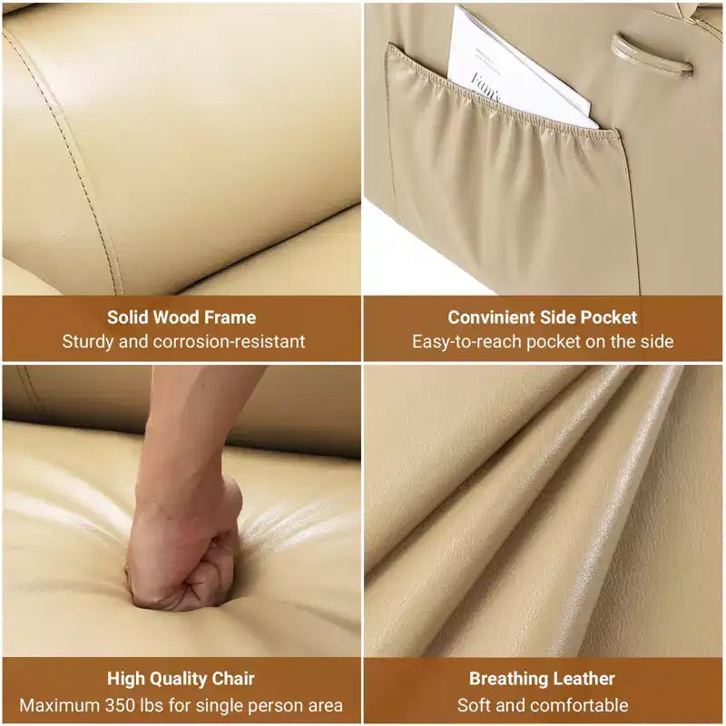 Fauteuil releveur inclinable électrique pour seniors, avec massage chauffant, télécommande, en cuir PU, poches latérales, beige