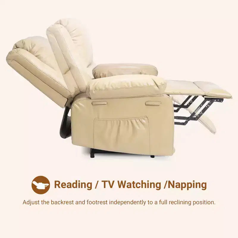 Fauteuil releveur inclinable électrique pour seniors, avec massage chauffant, télécommande, en cuir PU, poches latérales, beige