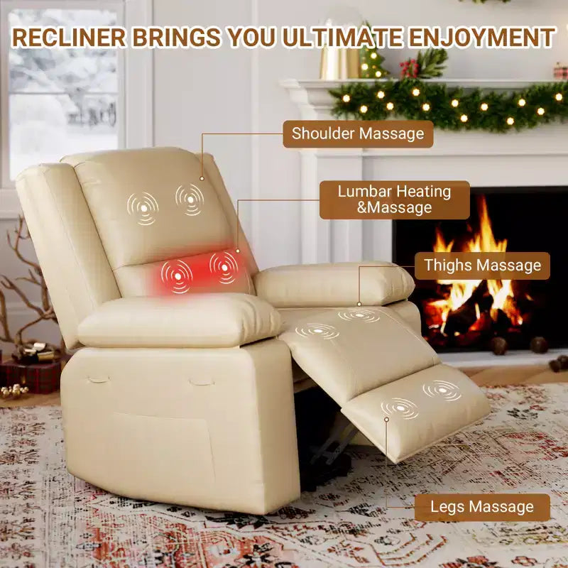Fauteuil releveur inclinable électrique pour seniors, avec massage chauffant, télécommande, en cuir PU, poches latérales, beige