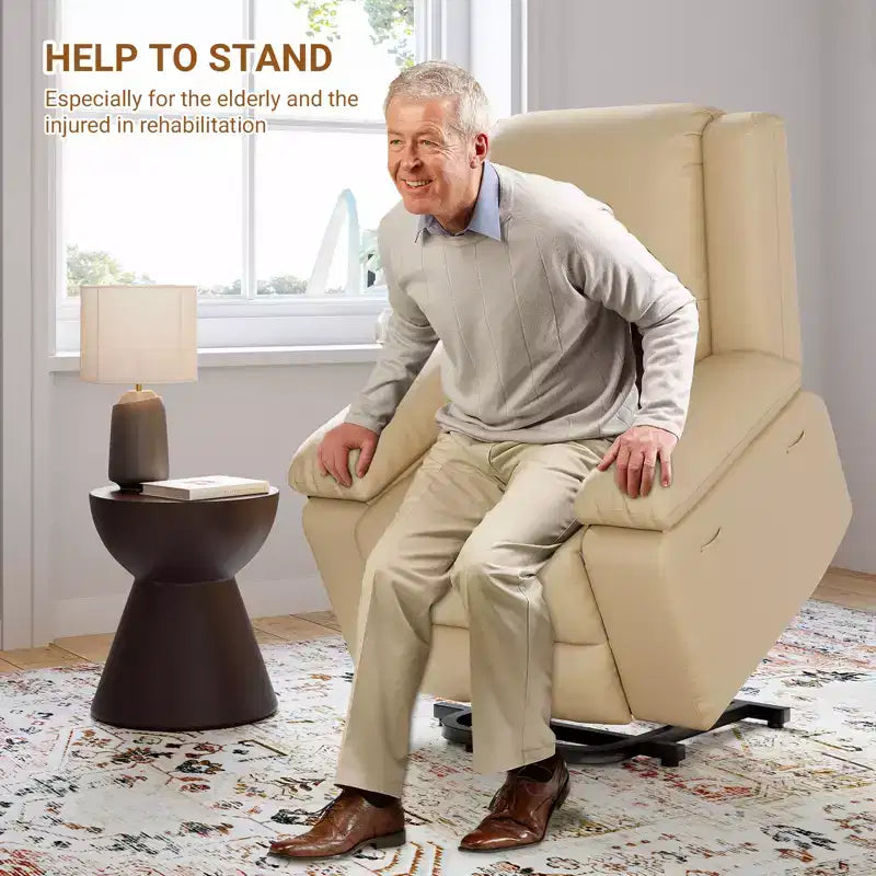 Fauteuil releveur inclinable électrique pour seniors, avec massage chauffant, télécommande, en cuir PU, poches latérales, beige