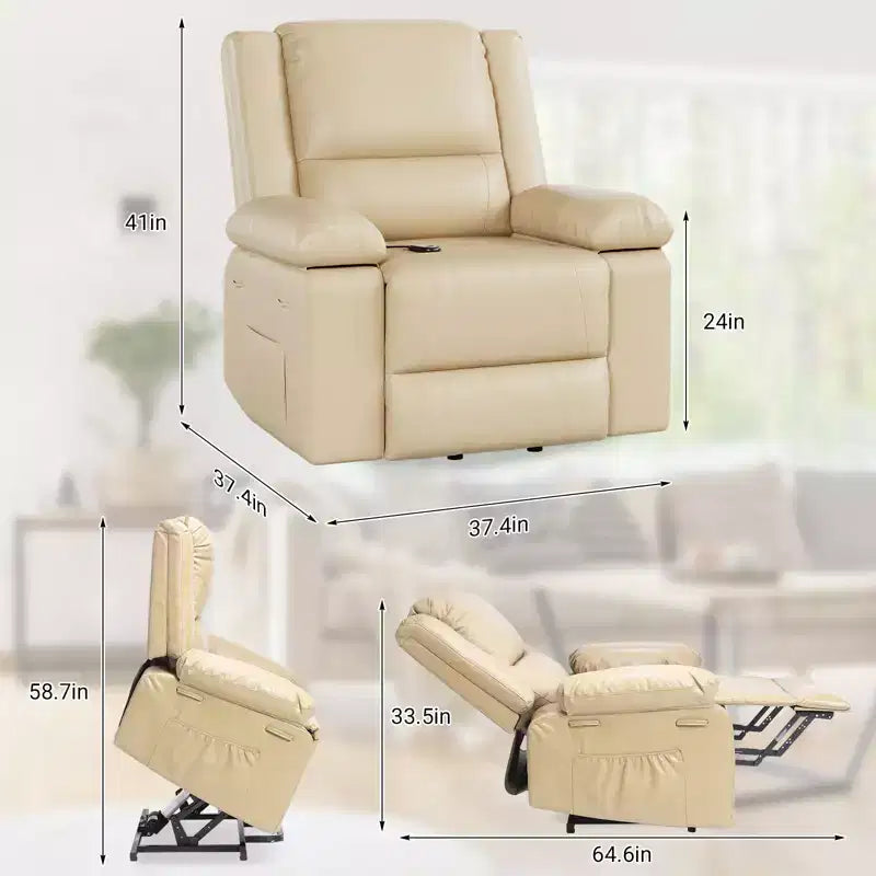 Fauteuil releveur inclinable électrique pour seniors, avec massage chauffant, télécommande, en cuir PU, poches latérales, beige