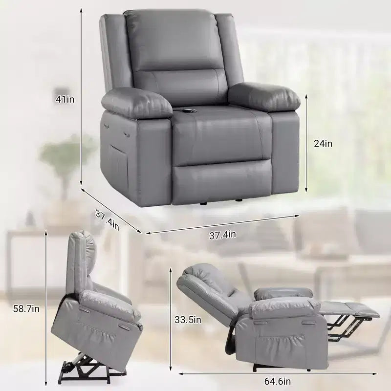 Fauteuil releveur inclinable électrique pour seniors, avec massage chauffant, télécommande, en cuir PU, poches latérales, beige