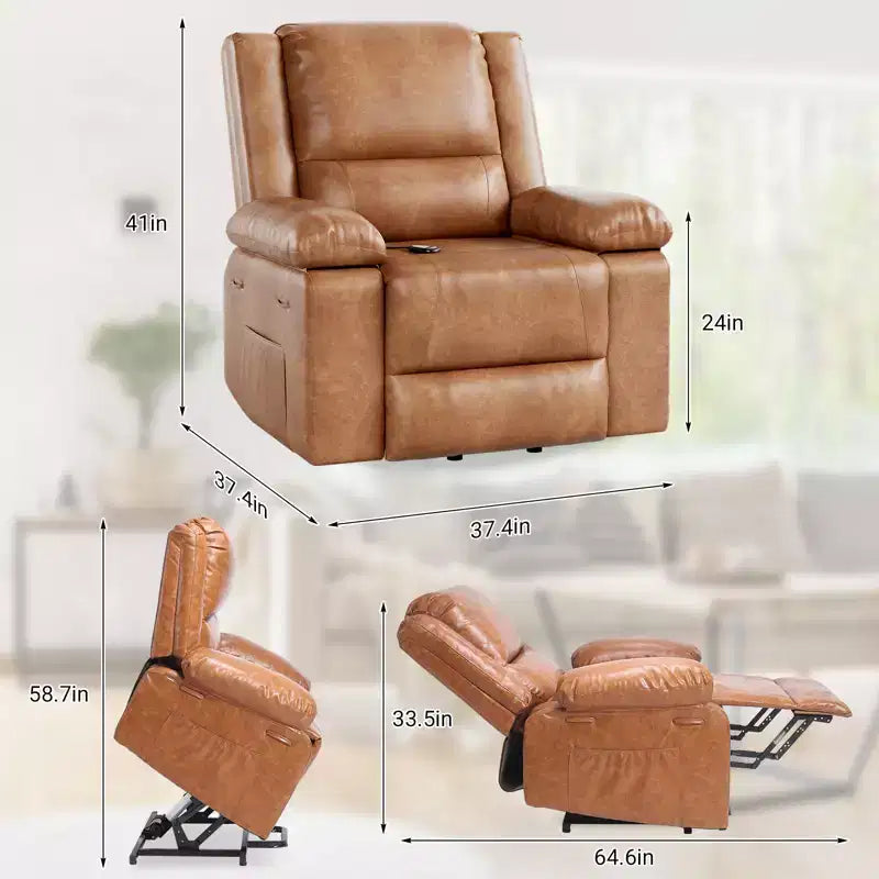 Fauteuil releveur inclinable électrique pour seniors, avec massage chauffant, télécommande, en cuir PU, poches latérales, beige