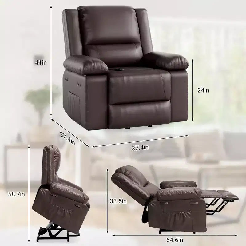 Fauteuil releveur inclinable électrique pour seniors, avec massage chauffant, télécommande, en cuir PU, poches latérales, beige