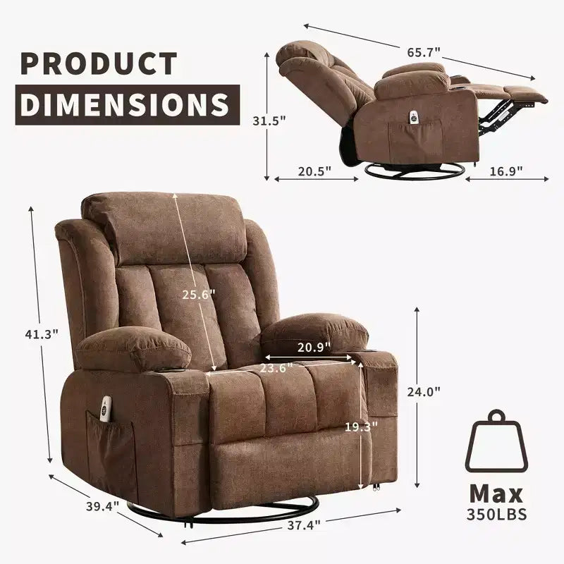 Fauteuil inclinable à bascule COZONY avec chauffage et massage - pivotant à 360°, grand fauteuil simple avec 3 positions, ports USB, porte-gobelets, poches latérales