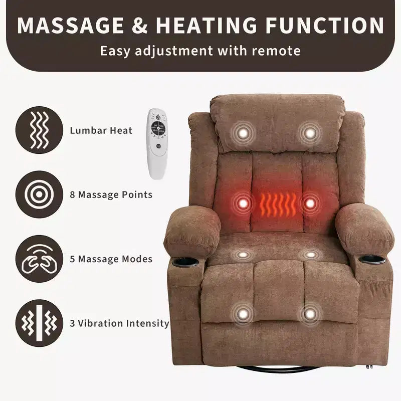 Fauteuil inclinable à bascule COZONY avec chauffage et massage - pivotant à 360°, grand fauteuil simple avec 3 positions, ports USB, porte-gobelets, poches latérales