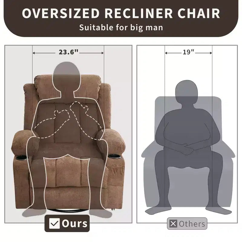 Fauteuil inclinable à bascule COZONY avec chauffage et massage - pivotant à 360°, grand fauteuil simple avec 3 positions, ports USB, porte-gobelets, poches latérales