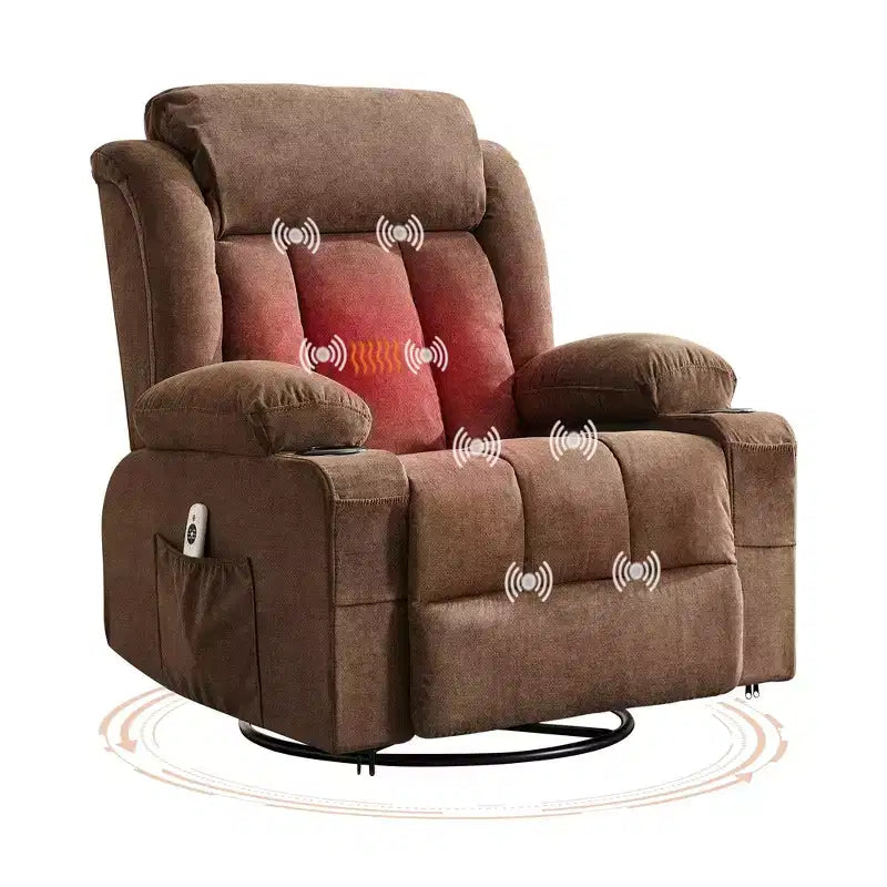 Fauteuil inclinable à bascule COZONY avec chauffage et massage - pivotant à 360°, grand fauteuil simple avec 3 positions, ports USB, porte-gobelets, poches latérales