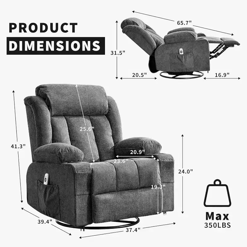 Fauteuil inclinable à bascule COZONY avec chauffage et massage - pivotant à 360°, grand fauteuil simple avec 3 positions, ports USB, porte-gobelets, poches latérales