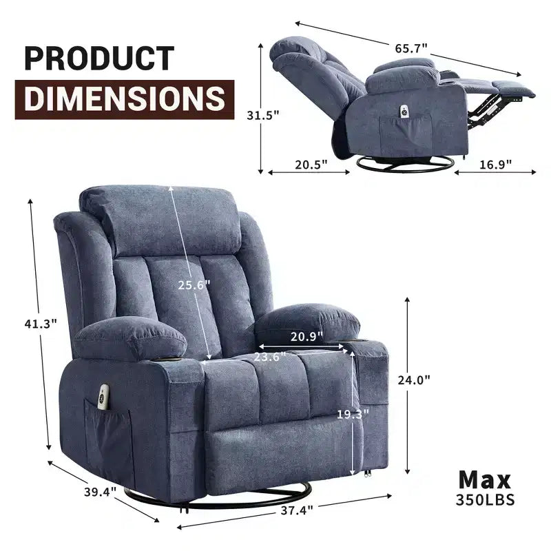 Fauteuil inclinable à bascule COZONY avec chauffage et massage - pivotant à 360°, grand fauteuil simple avec 3 positions, ports USB, porte-gobelets, poches latérales