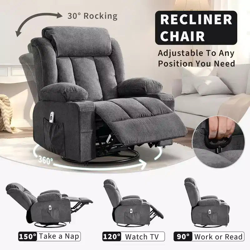 Fauteuil inclinable à bascule COZONY avec chauffage et massage - pivotant à 360°, grand fauteuil simple avec 3 positions, ports USB, porte-gobelets, poches latérales