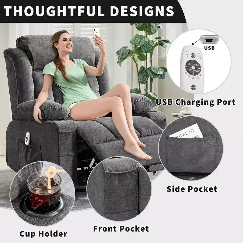 Fauteuil inclinable à bascule COZONY avec chauffage et massage - pivotant à 360°, grand fauteuil simple avec 3 positions, ports USB, porte-gobelets, poches latérales