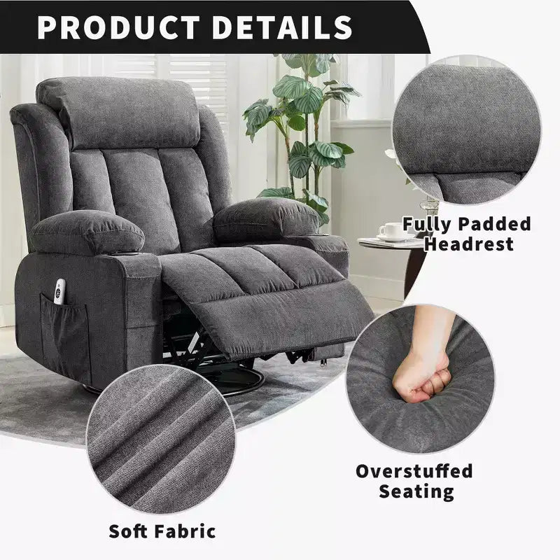 Fauteuil inclinable à bascule COZONY avec chauffage et massage - pivotant à 360°, grand fauteuil simple avec 3 positions, ports USB, porte-gobelets, poches latérales