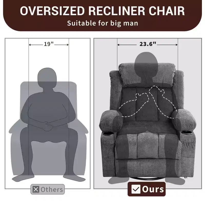 Fauteuil inclinable à bascule COZONY avec chauffage et massage - pivotant à 360°, grand fauteuil simple avec 3 positions, ports USB, porte-gobelets, poches latérales