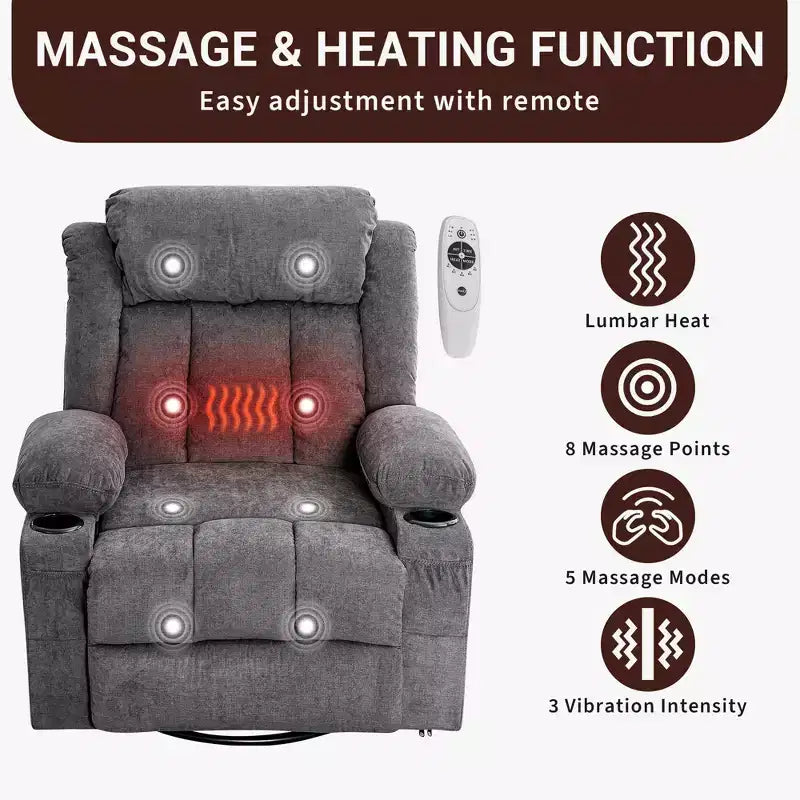 Fauteuil inclinable à bascule COZONY avec chauffage et massage - pivotant à 360°, grand fauteuil simple avec 3 positions, ports USB, porte-gobelets, poches latérales