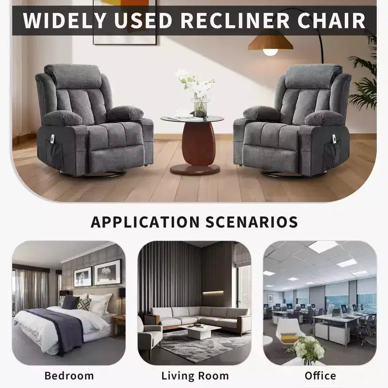 Fauteuil inclinable à bascule COZONY avec chauffage et massage - pivotant à 360°, grand fauteuil simple avec 3 positions, ports USB, porte-gobelets, poches latérales