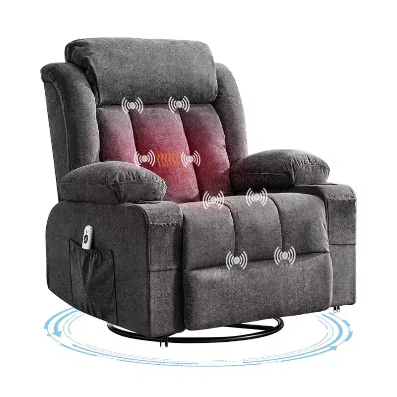 Fauteuil inclinable à bascule COZONY avec chauffage et massage - pivotant à 360°, grand fauteuil simple avec 3 positions, ports USB, porte-gobelets, poches latérales