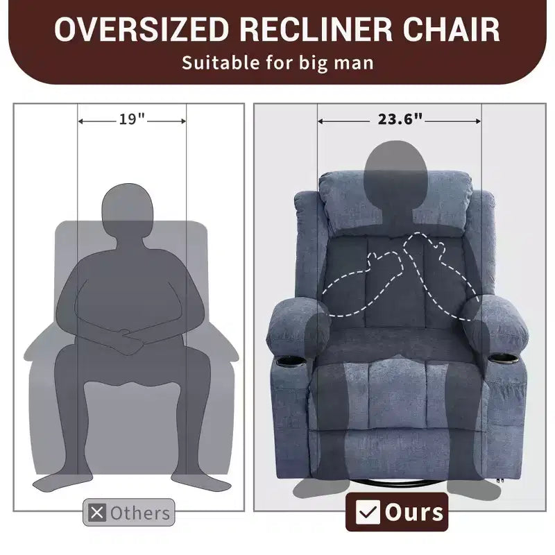 Fauteuil inclinable à bascule COZONY avec chauffage et massage - pivotant à 360°, grand fauteuil simple avec 3 positions, ports USB, porte-gobelets, poches latérales