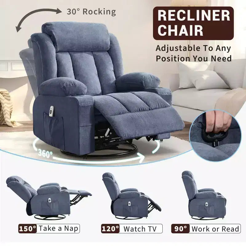 Fauteuil inclinable à bascule COZONY avec chauffage et massage - pivotant à 360°, grand fauteuil simple avec 3 positions, ports USB, porte-gobelets, poches latérales