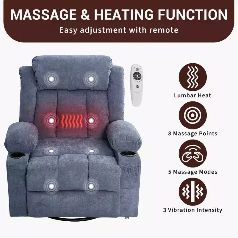 Fauteuil inclinable à bascule COZONY avec chauffage et massage - pivotant à 360°, grand fauteuil simple avec 3 positions, ports USB, porte-gobelets, poches latérales